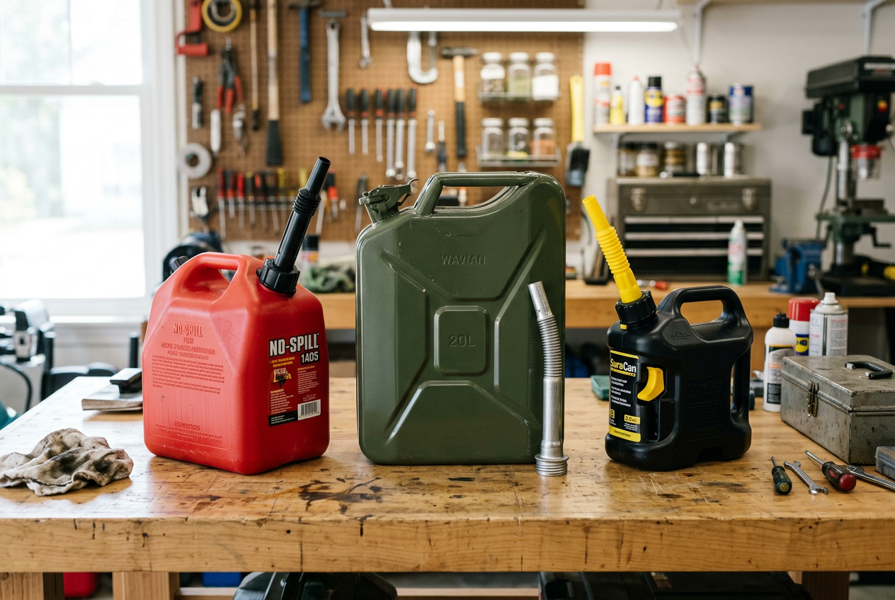 Three types of fuel containers lined up on workbench