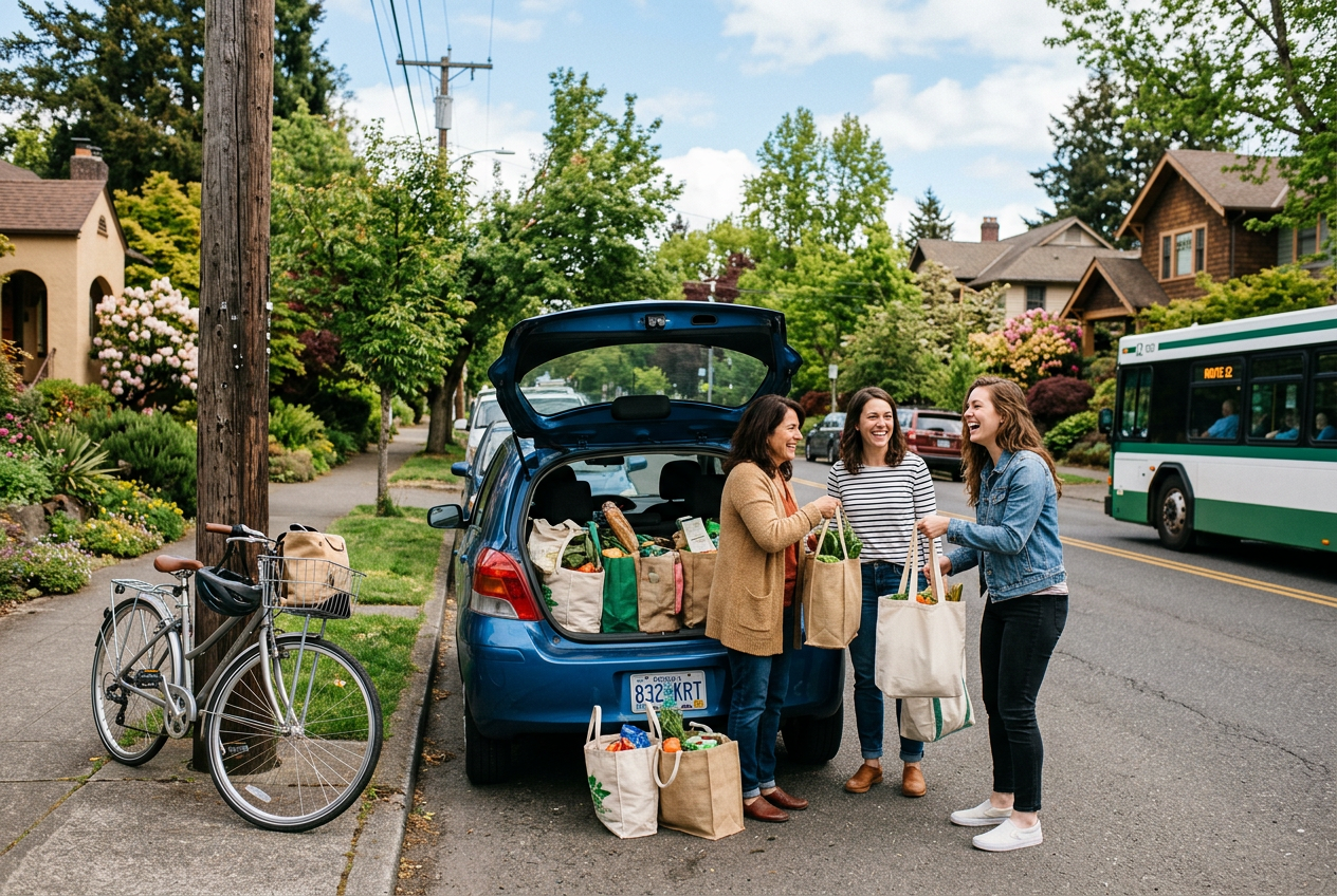 Neighbors carpooling and loading bags into one car outdoors