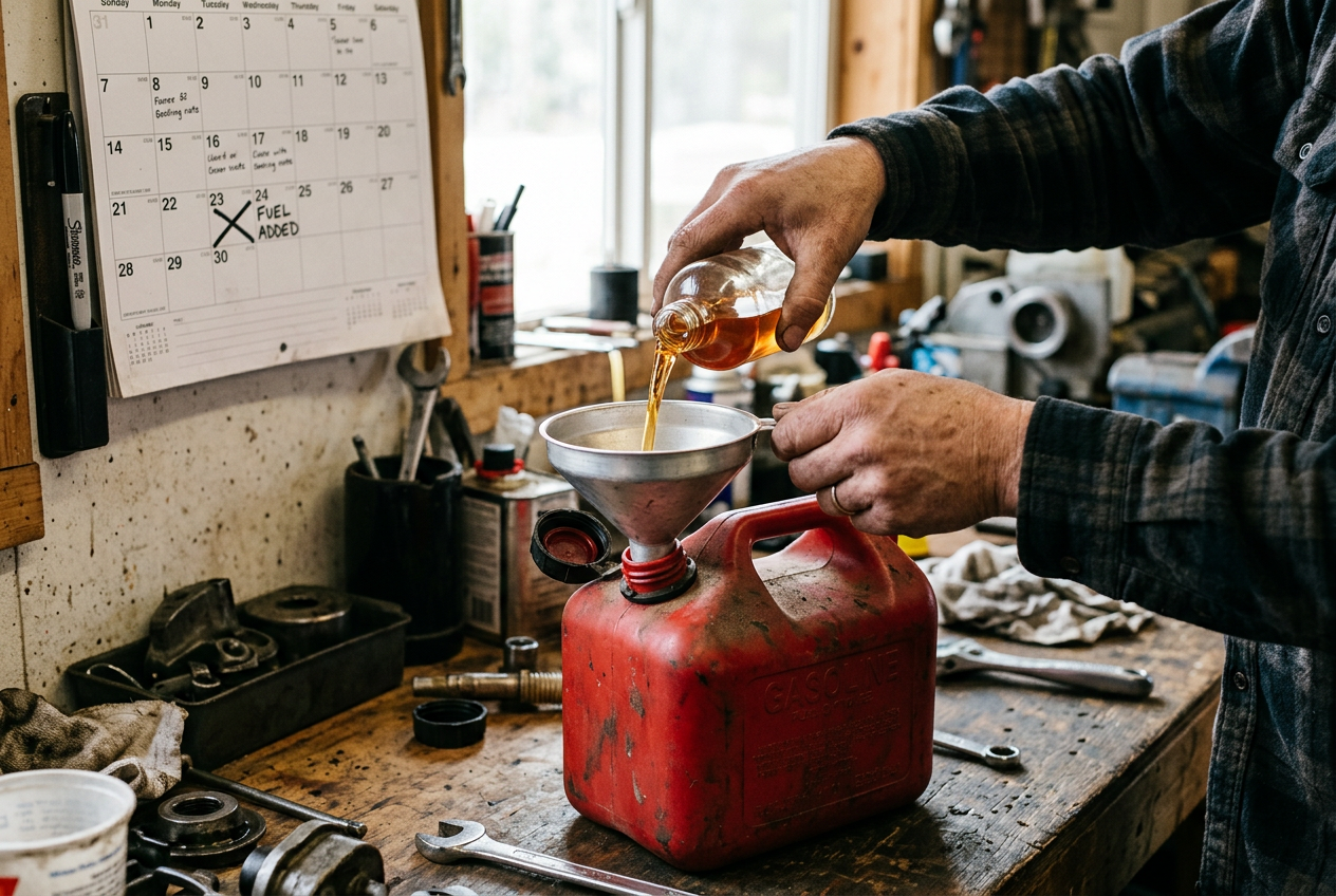 Hands adding fuel stabilizer into can with calendar nearby
