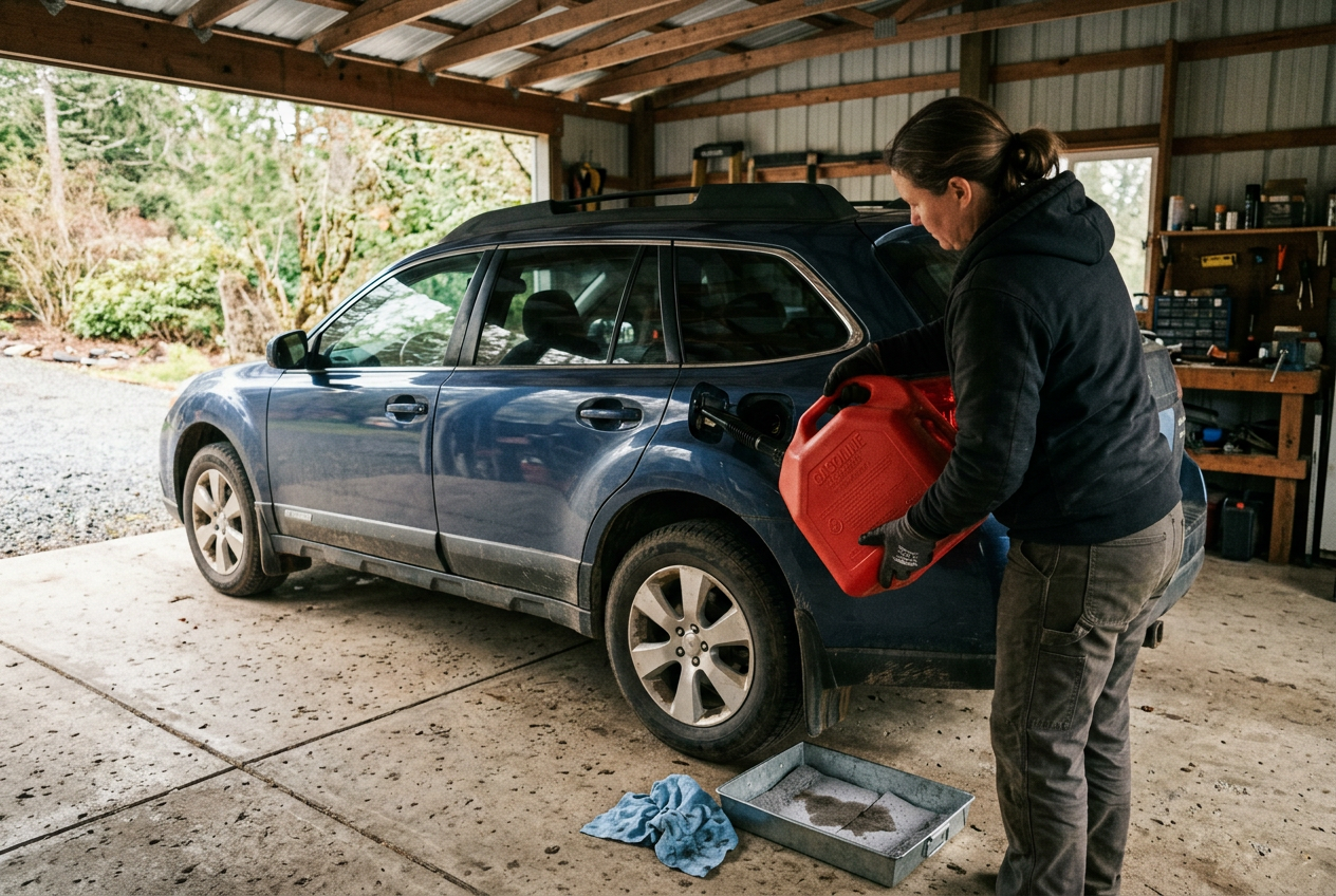 Person carefully transferring fuel into car using funnel outdoors