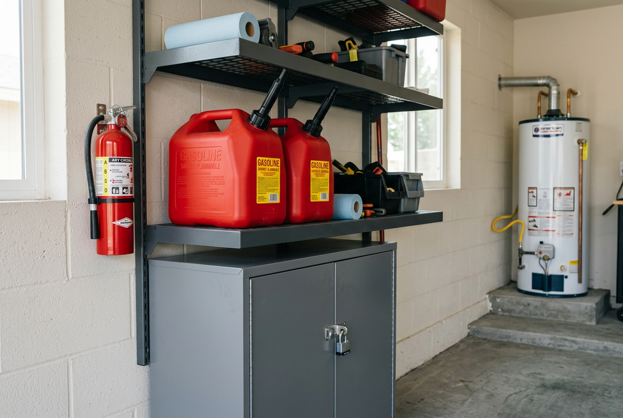 Detached garage with safely stored fuel cans and extinguisher