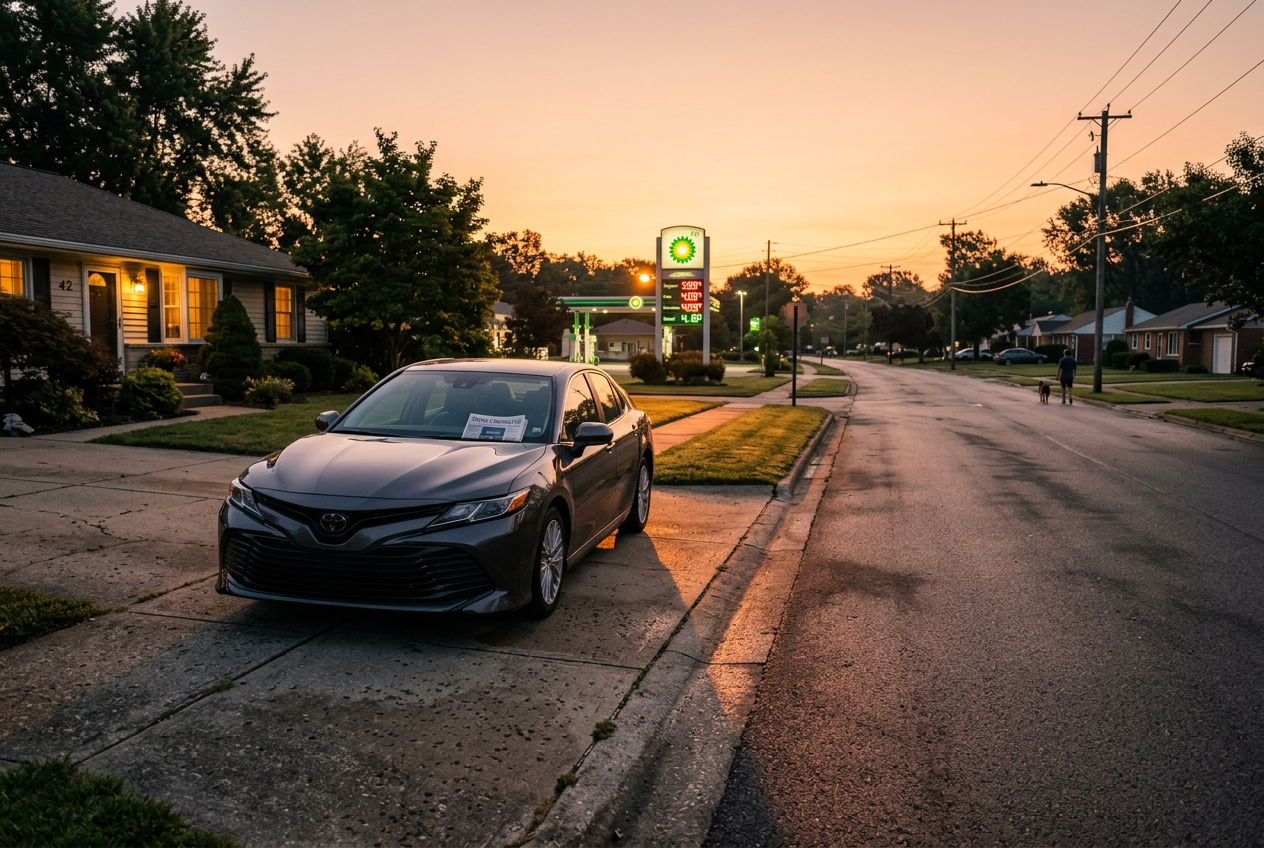 Suburban driveway with car and distant gas station at dawn