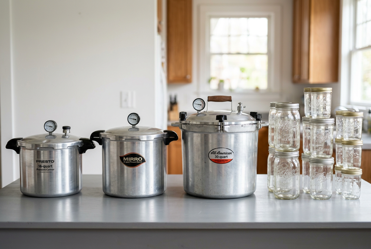 Three canners lined up beside various jar sets