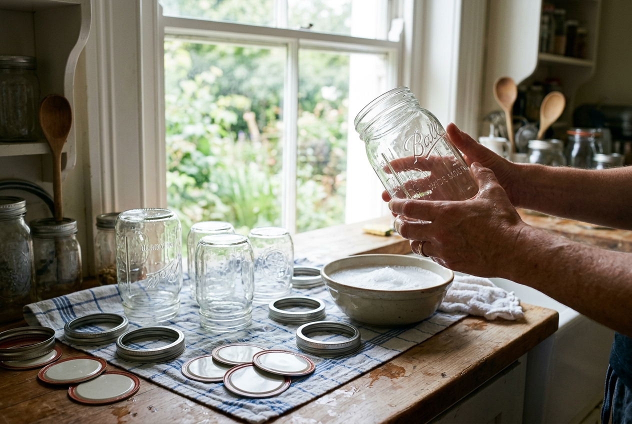Hands inspecting glass jar with lids and bands nearby