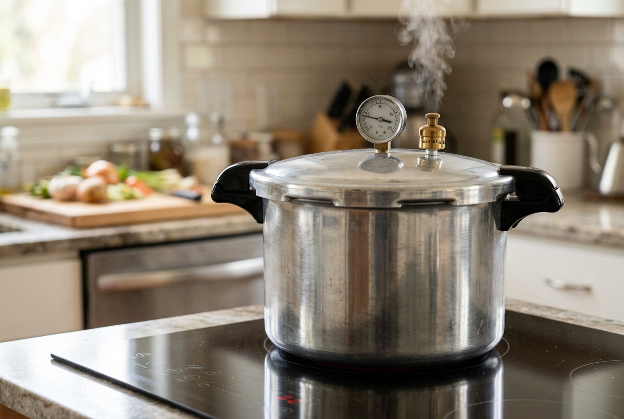 Pressure canner with gauge and weight on induction cooktop