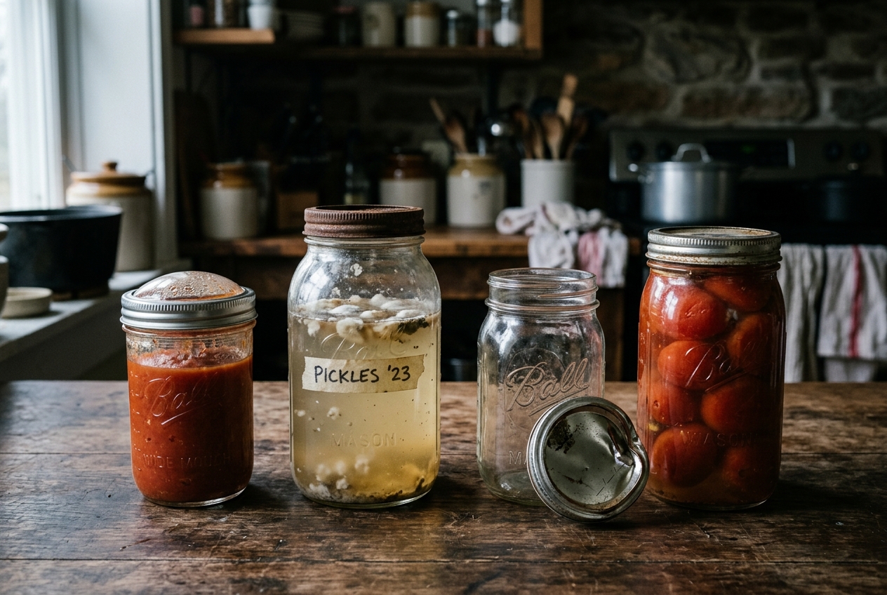 Spoiled bulging jars and reused lids showing canning errors