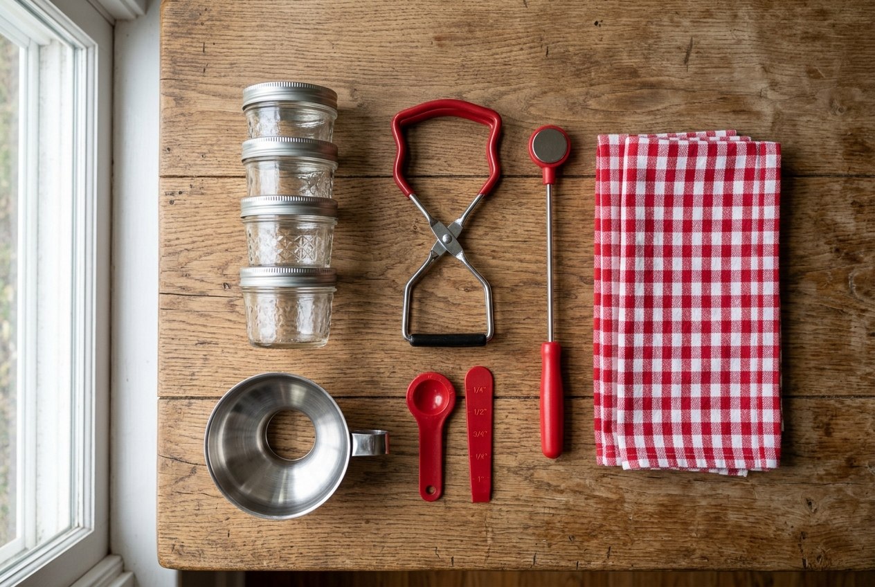 Overhead view of canning jars and beginner accessory tools