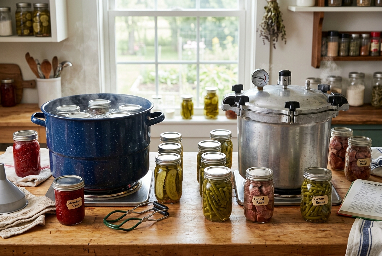 Water bath pot with jams beside pressure canner with vegetables