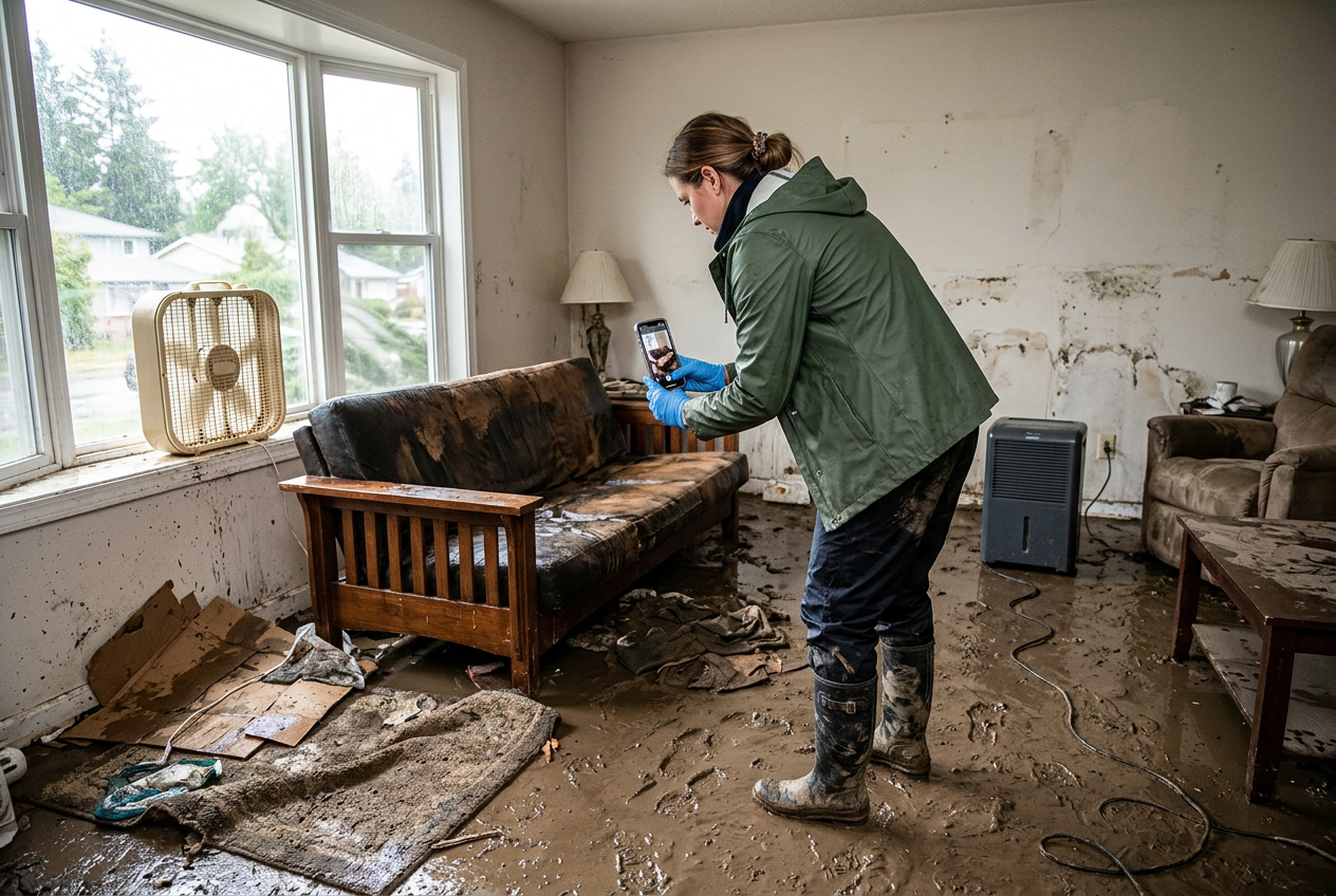 Person documenting flood damage inside home during cleanup