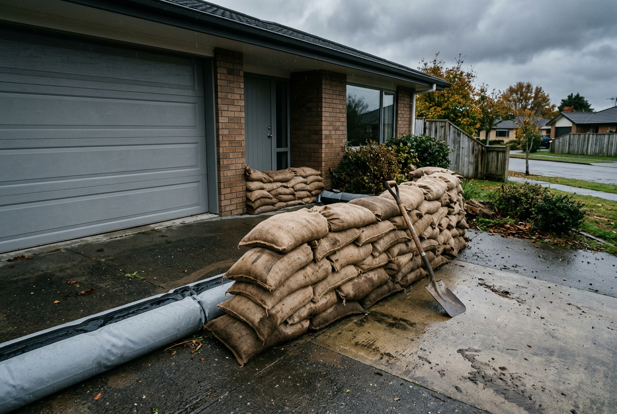 Sandbags stacked as flood barrier across home doorway