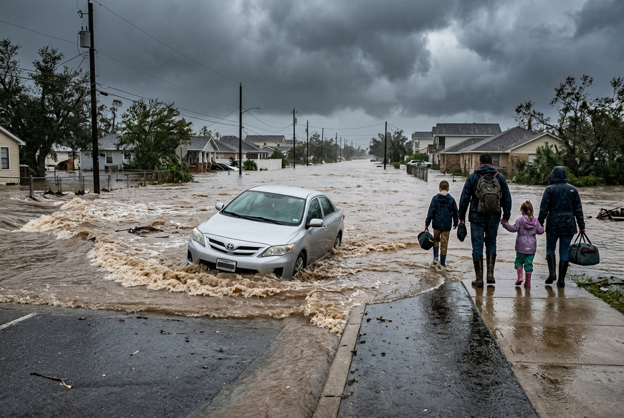 Family moving to higher ground beside flooded coastal street