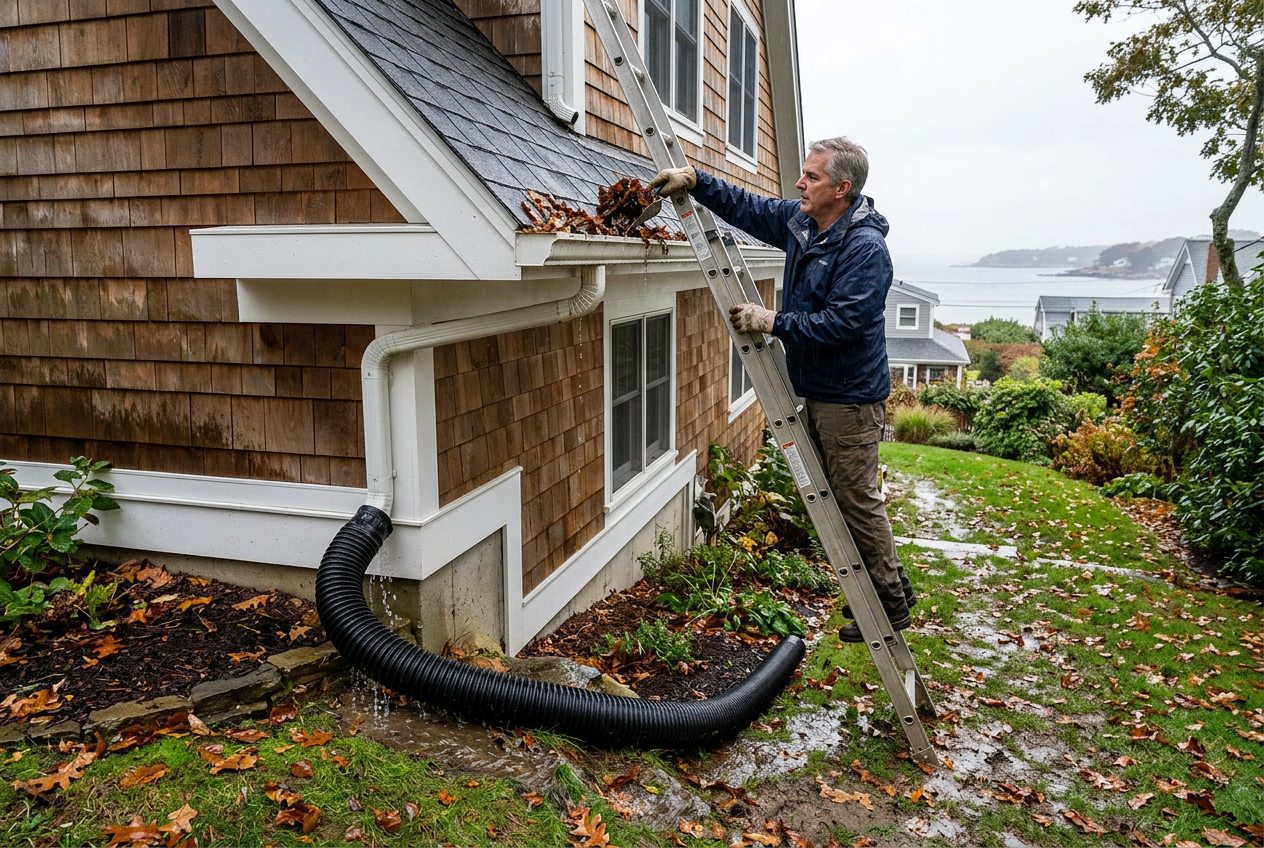 Homeowner clearing gutters and redirecting downspout on coastal house