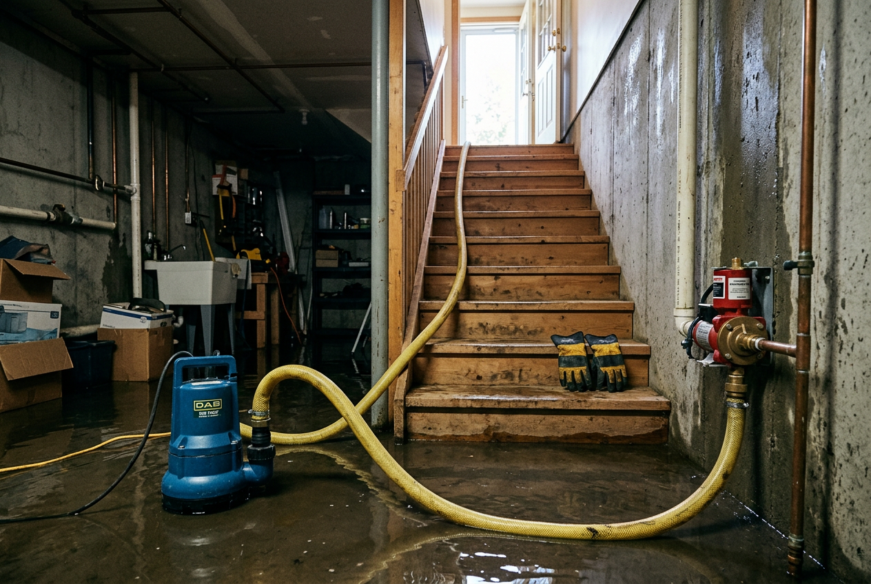 Submersible pump clearing standing water from flooded basement