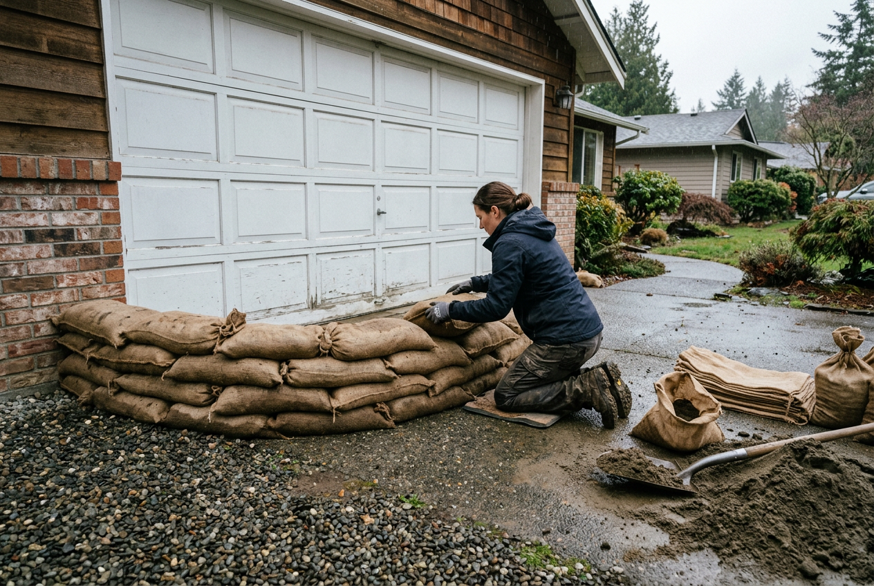 Person stacking sandbags into a wall by garage