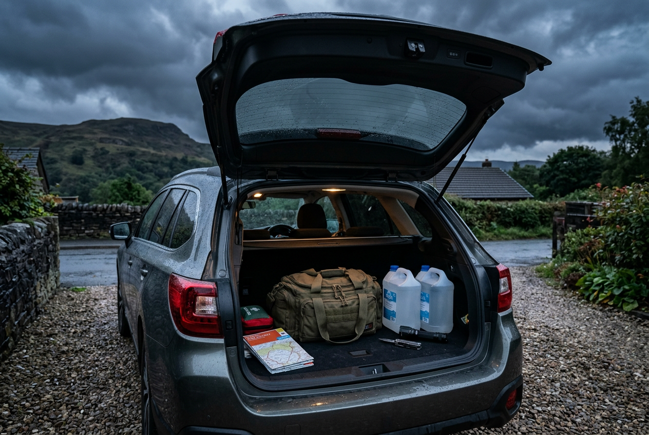 Packed go-bag in car trunk with storm clouds approaching