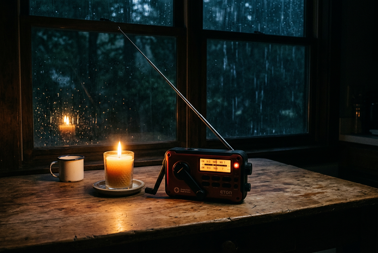 Hand-crank weather radio on table during power outage