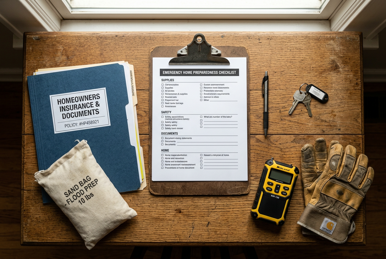 Flat lay of preparedness checklist clipboard and safety supplies