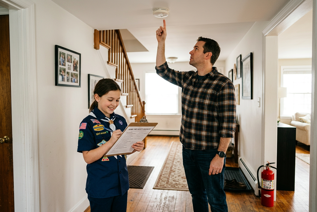 Parent and scout inspecting smoke detector during home safety check