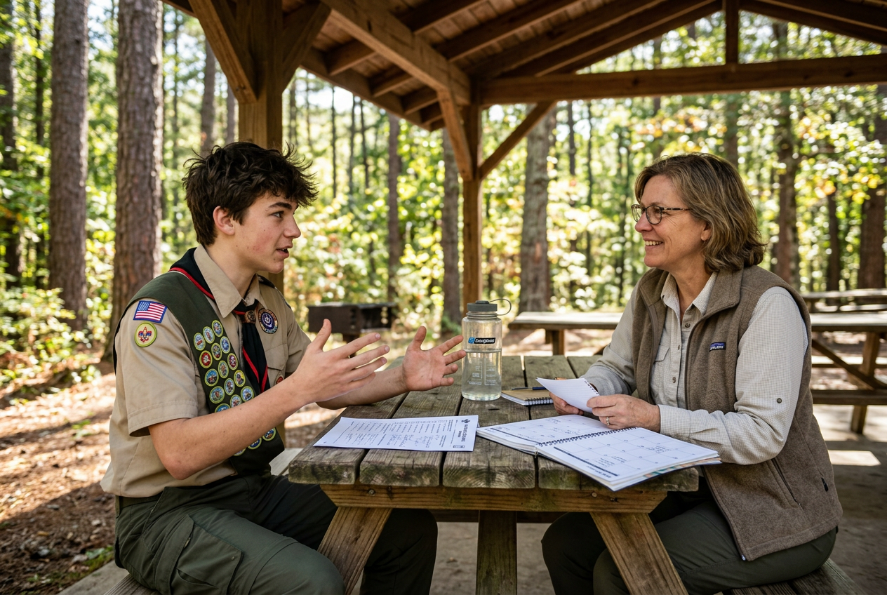 Scout explaining answers to counselor at outdoor table meeting