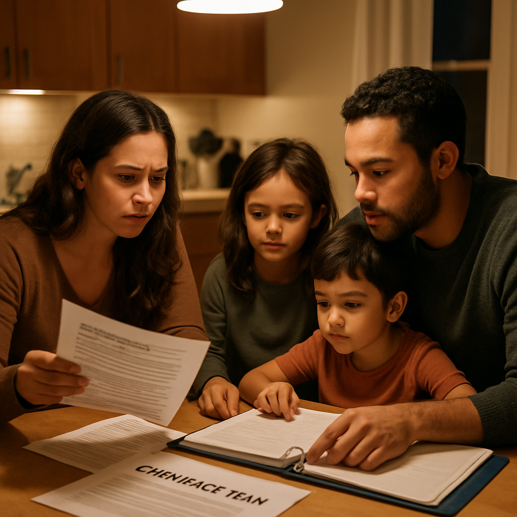 Family sitting together at kitchen table reviewing an emergency binder and communication card