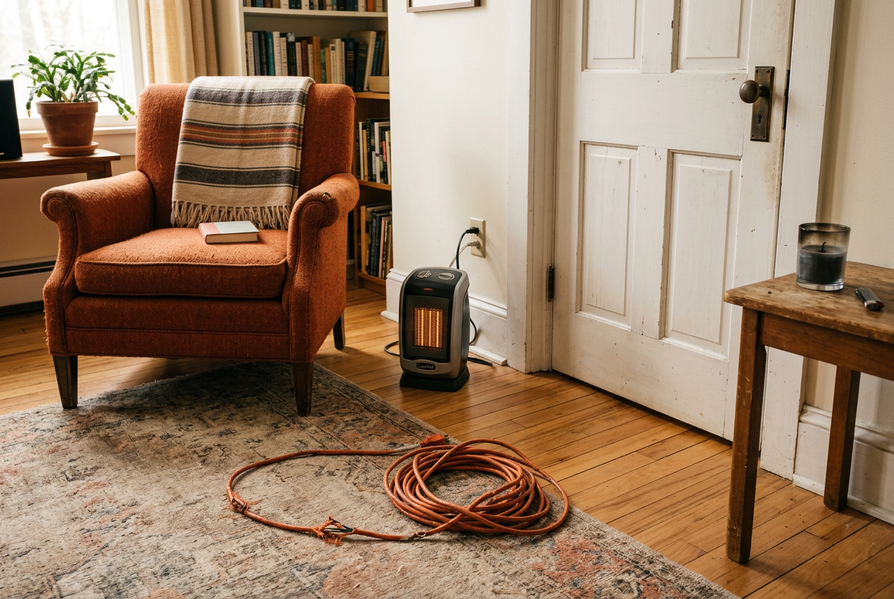 Space heater clear of armchair near closed bedroom door