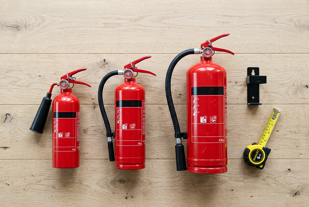 Three different sized red extinguishers arranged on wooden surface