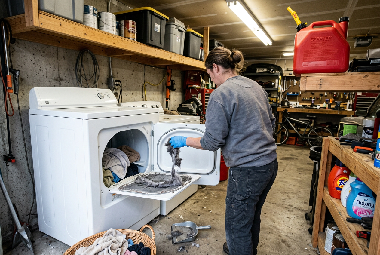 Hand cleaning dryer lint trap in cluttered garage laundry