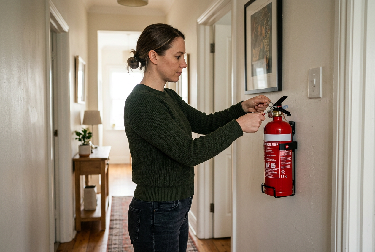 Person pulling pin on wall-mounted red fire extinguisher