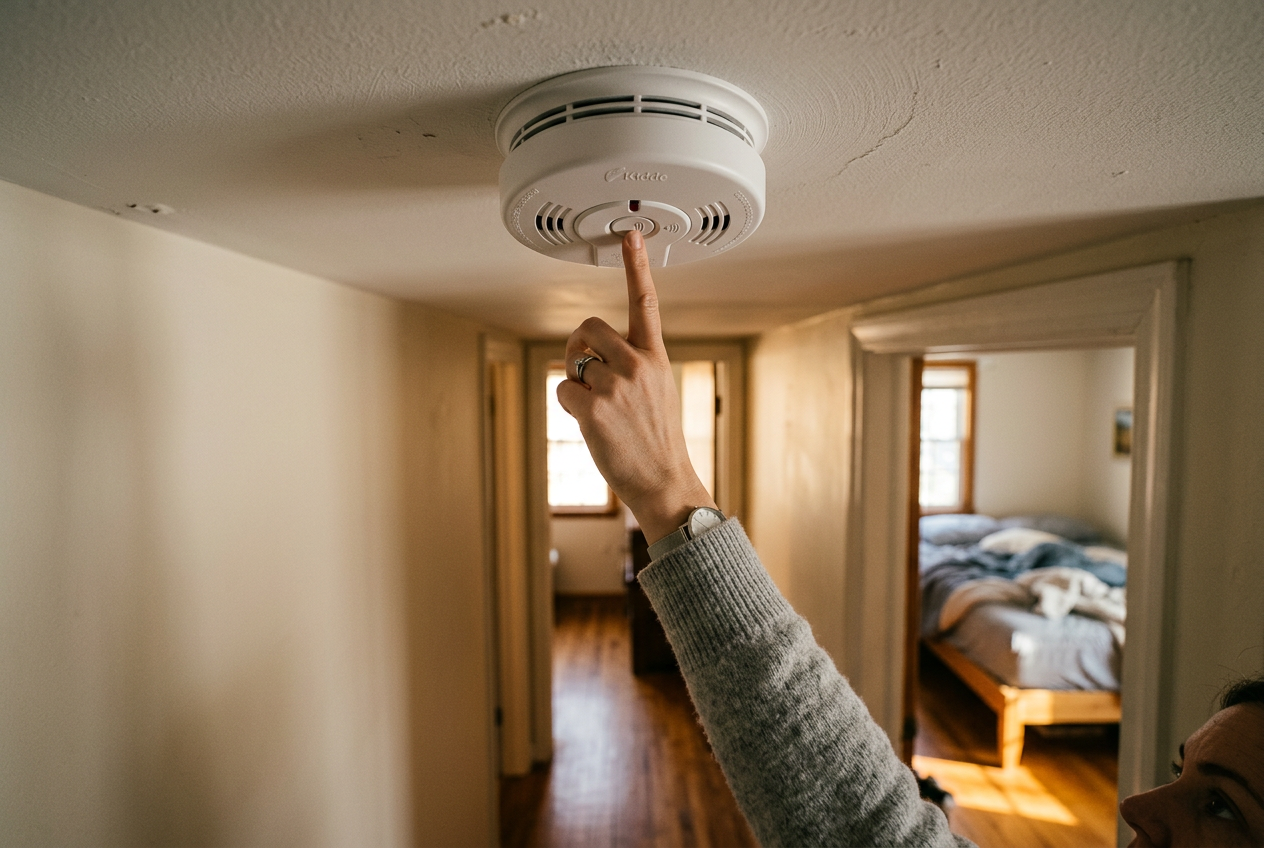 Hand testing a white ceiling smoke alarm in hallway