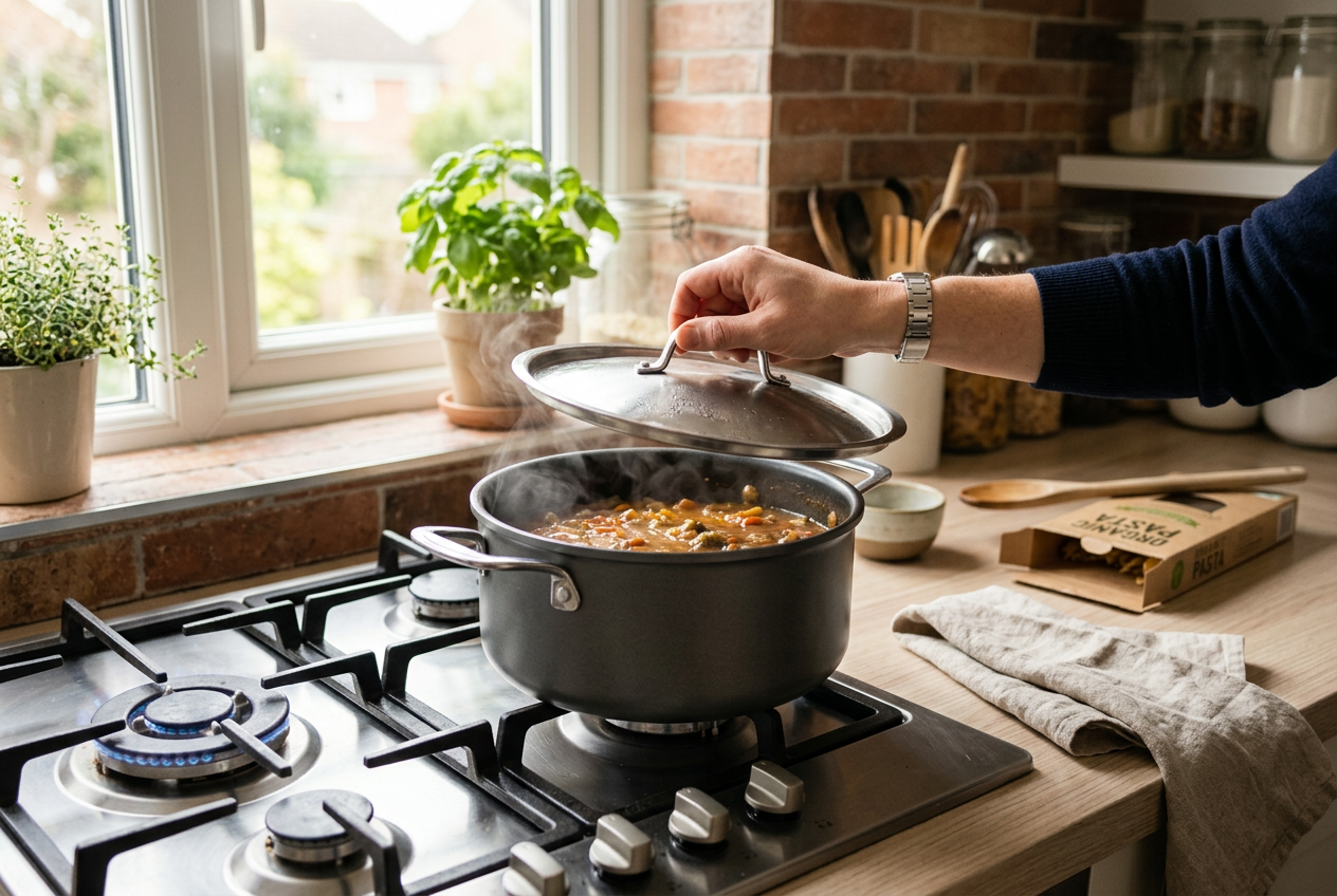 Hand holding metal lid near simmering pot on stovetop