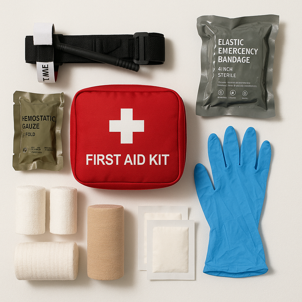 Organized bug out bag first aid kit laid out flat, with tourniquet, Israeli bandage, gauze, and medications visible