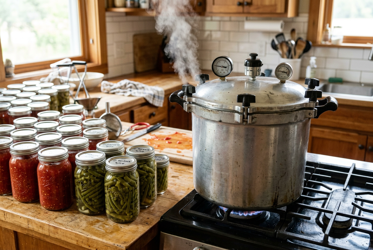 Pressure canner steaming beside sealed jars of vegetables