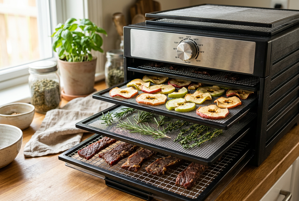 Open dehydrator trays holding drying fruit, herbs, jerky