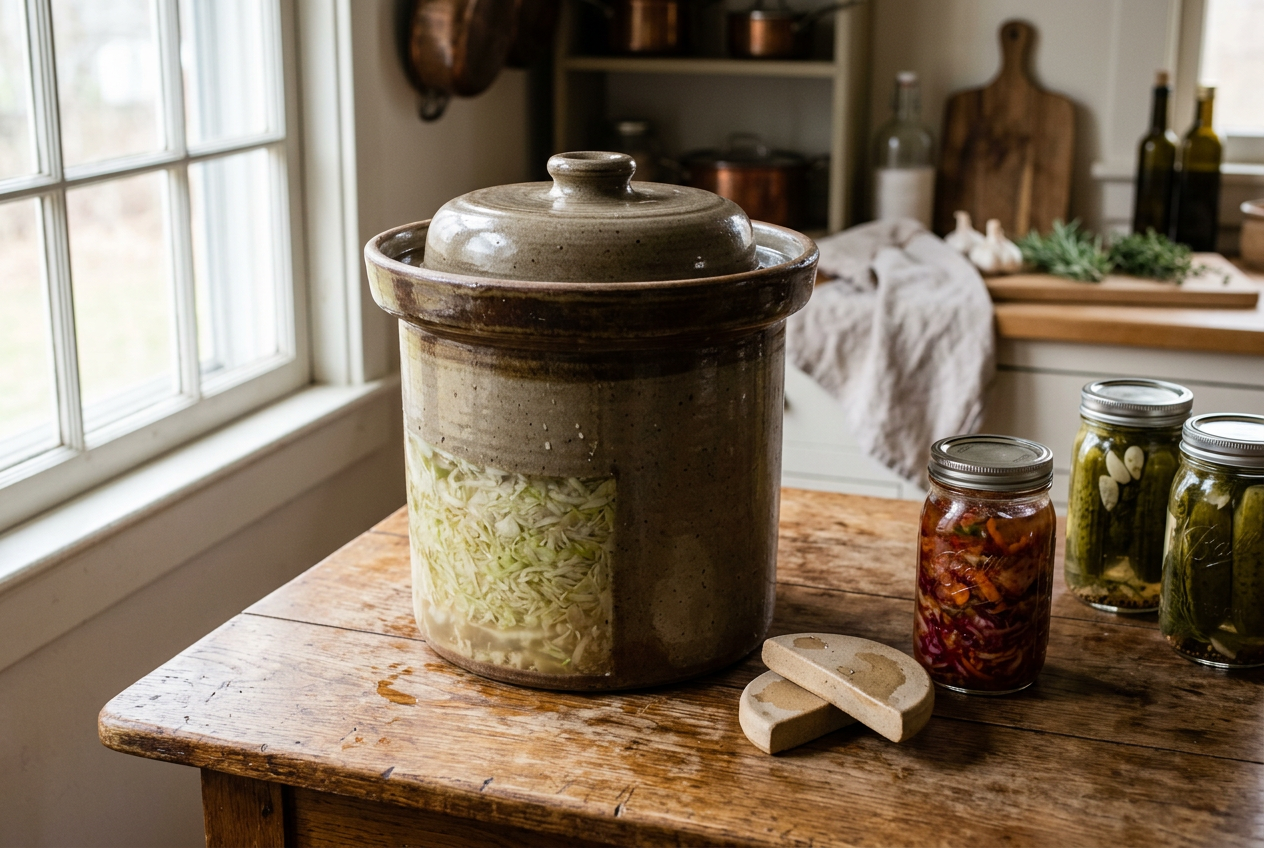 Fermentation crock with water seal, weights, and vegetables
