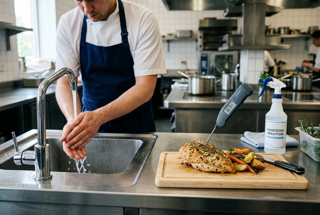 Clean kitchen with washed hands, thermometer, sanitized surfaces
