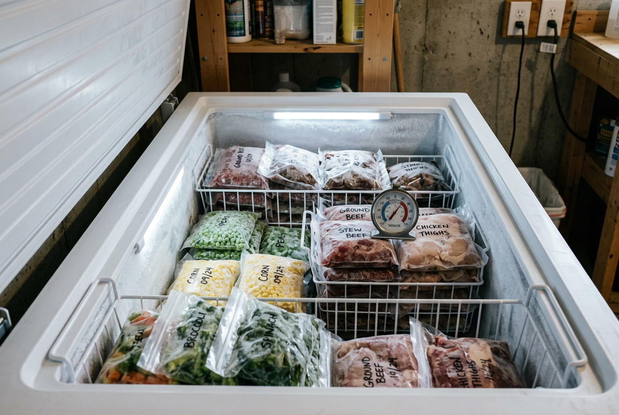 Organized freezer with vacuum-sealed bags and thermometer