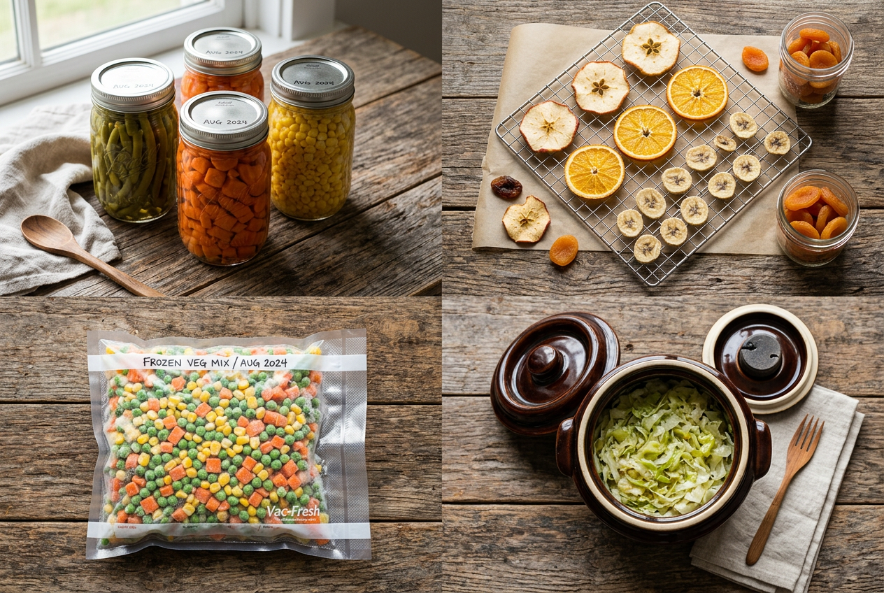 Four food preservation methods arranged in overhead quadrants