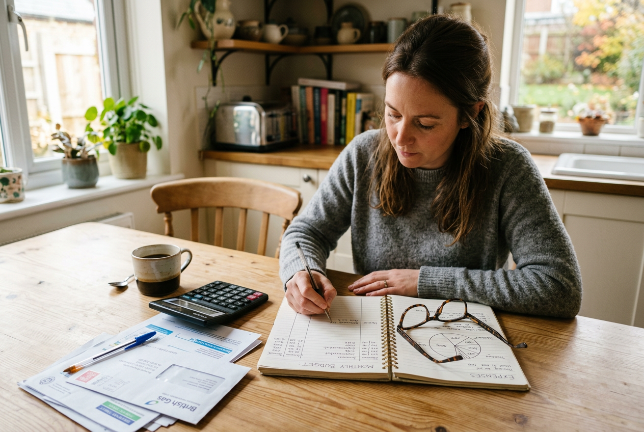 Kitchen table with budget notebook, calculator, and utility bills