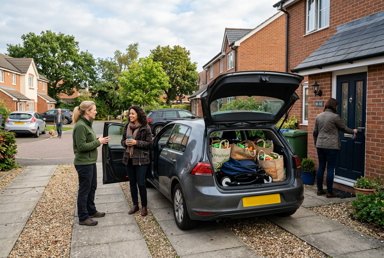 Neighbors carpooling with grocery bags near a suburban driveway