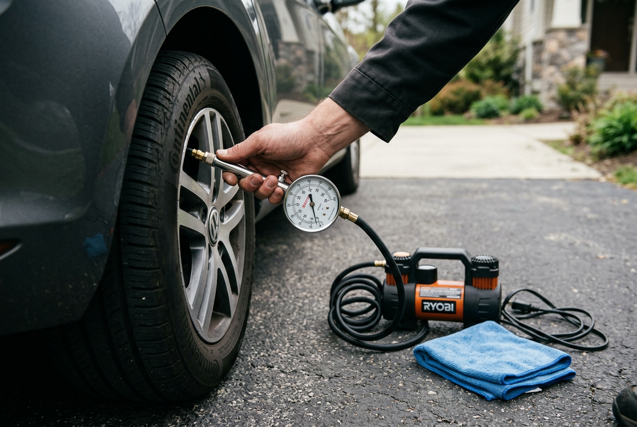 Hand checking tire pressure with a dial gauge