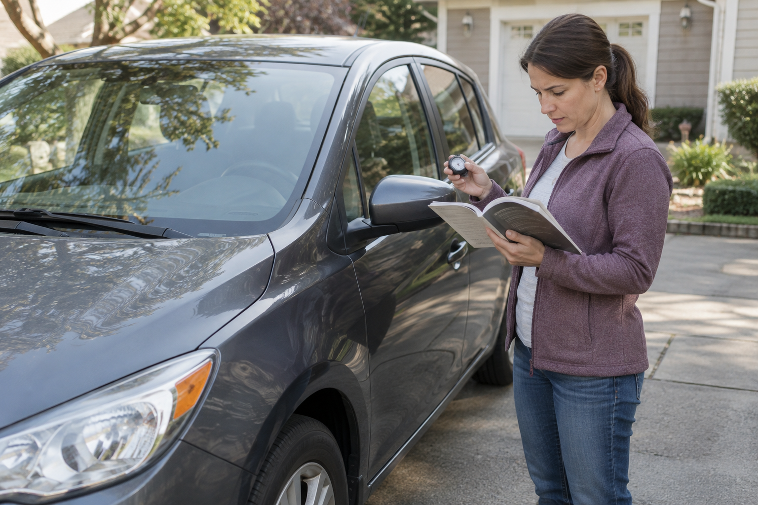 Driver reviewing a passenger car&rsquo;s maintenance booklet beside a parked car