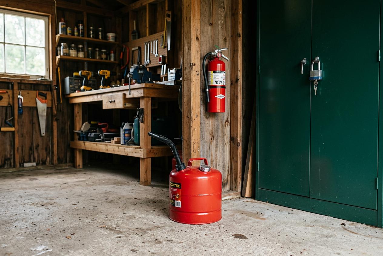 Approved fuel container stored safely in a ventilated shed