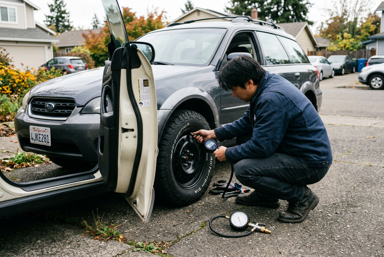 Person checking tire pressure with digital gauge