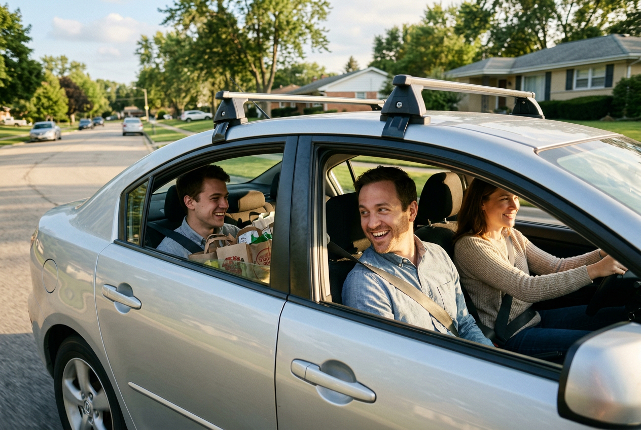 Coworkers carpooling together in a compact sedan