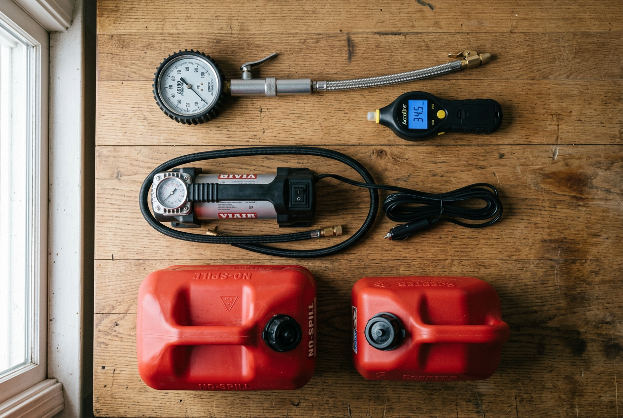 Flat-lay of tire gauges, inflator, and gas cans