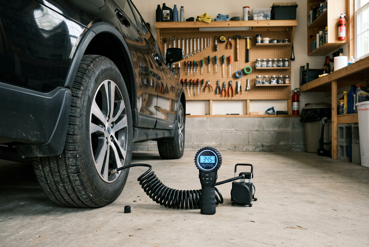 Portable inflator connected to tire in home garage