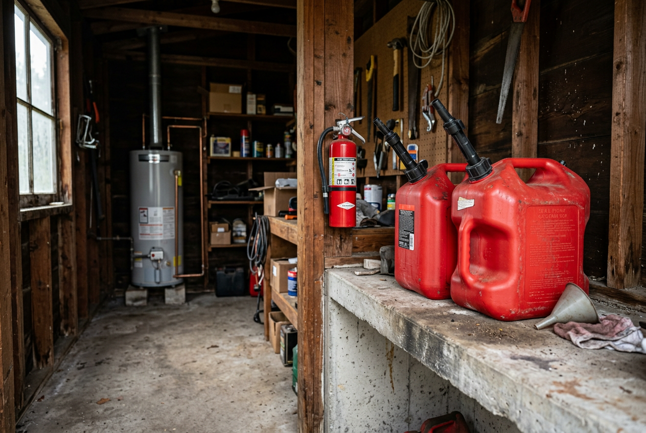 Two safety gas cans stored on shed shelf