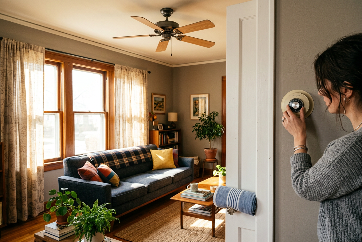Sunlit living room with ceiling fan and draft-blocking towel
