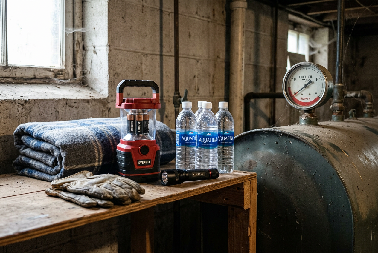 Cold-weather emergency kit near low fuel tank gauge