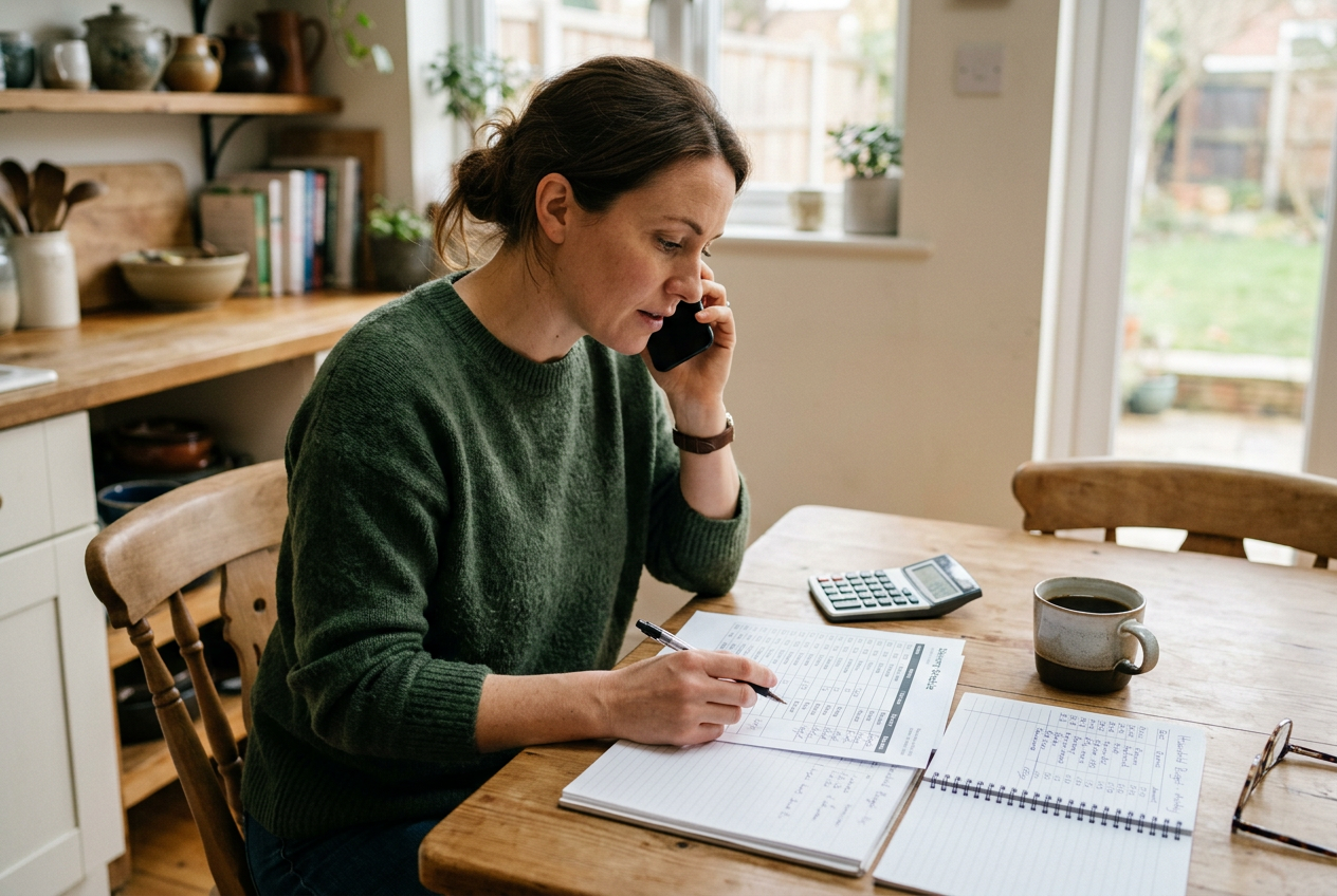 Homeowner on phone reviewing oil delivery budget paperwork